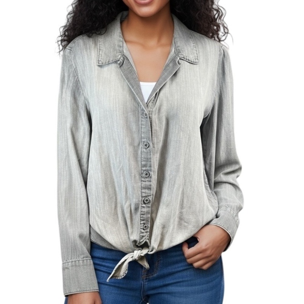 Cloth‎ & Stone Womens Gray Tencel Lyocell Tie-Front Long Sleeve Shirt